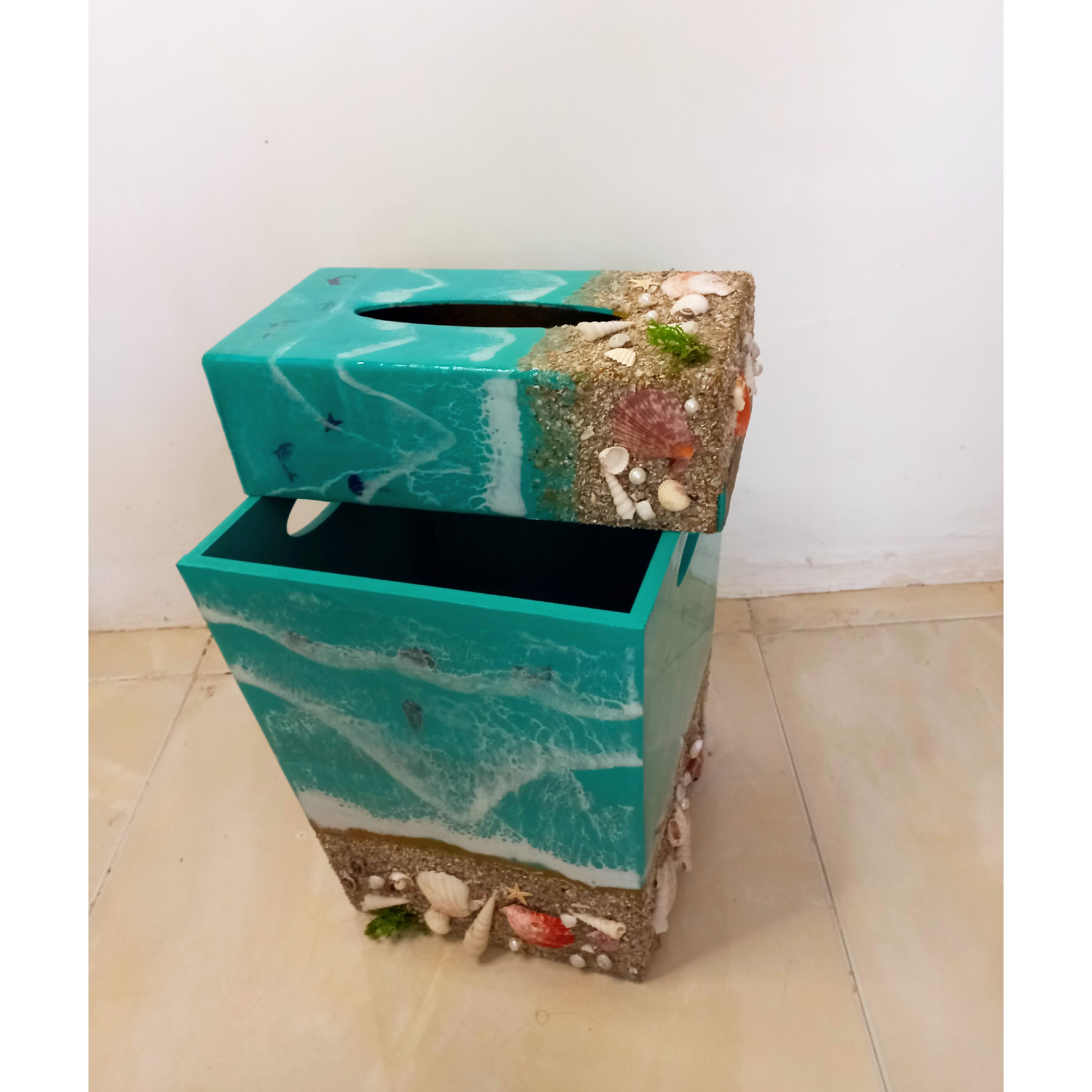 ست جاکلیدی و سطل و جای دستمال کاغذی رزینی طرح دریا(لطفا توضیحات محصول و ببینید)
