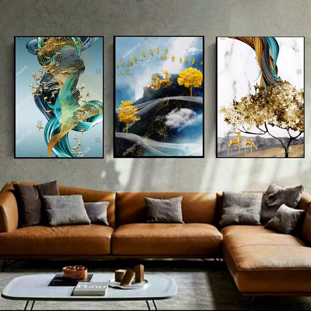 تابلو دکوراتیو فانتزی رنگی طرح منظره وگوزن سه تکه 