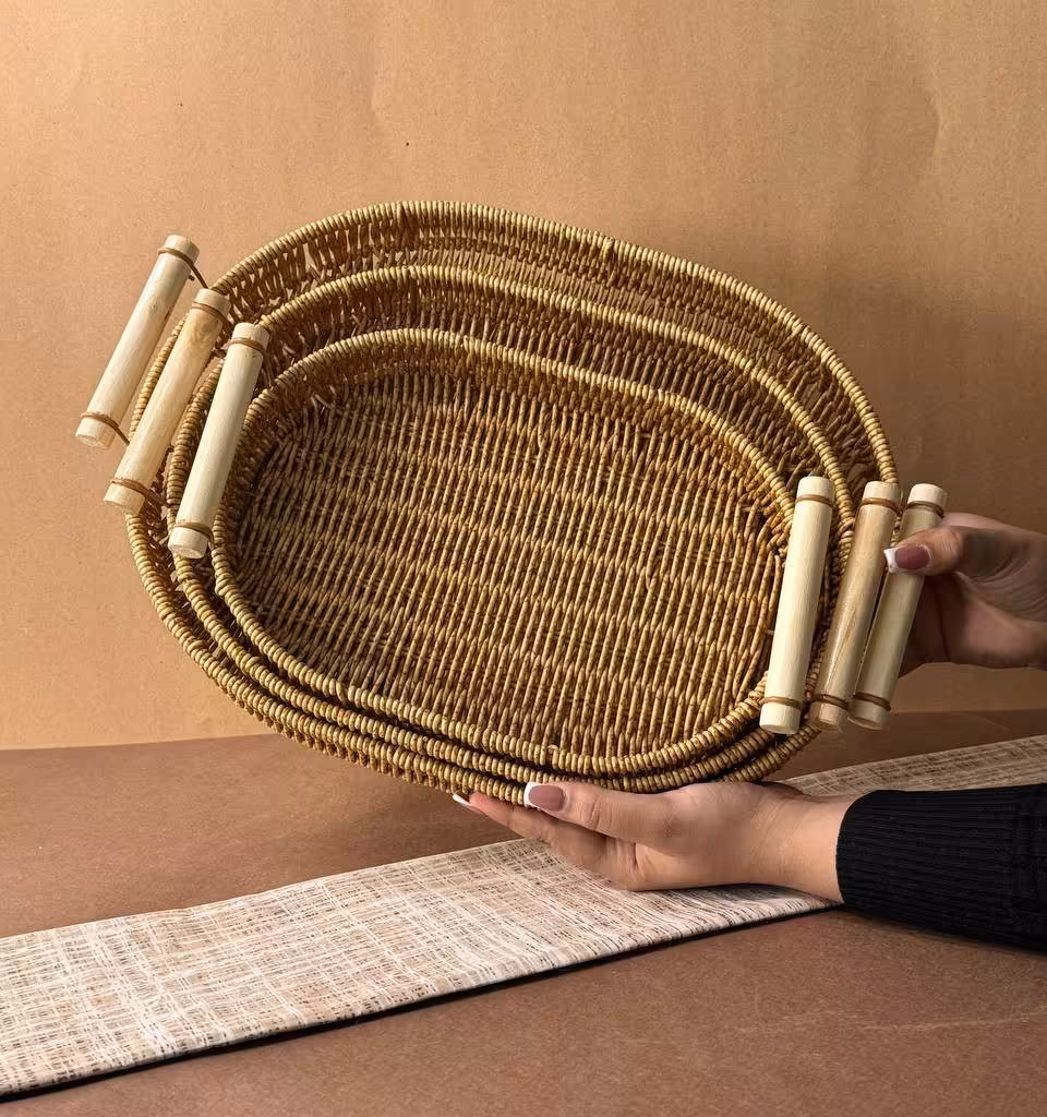 سینی حصیری دسته بامبو مدل بیضی