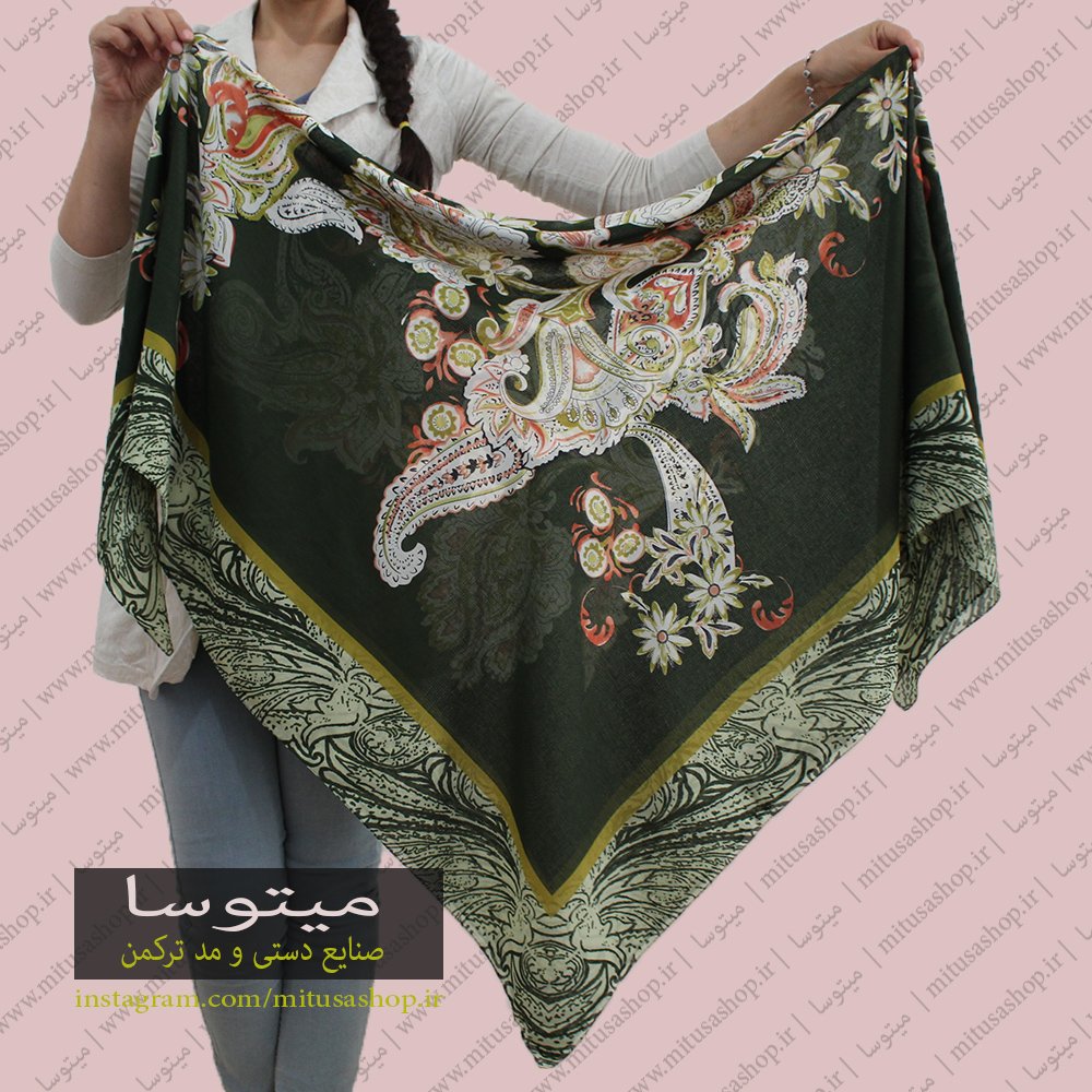 روسری ترکمن نخ ترک بدون ریشه سبز یشمی