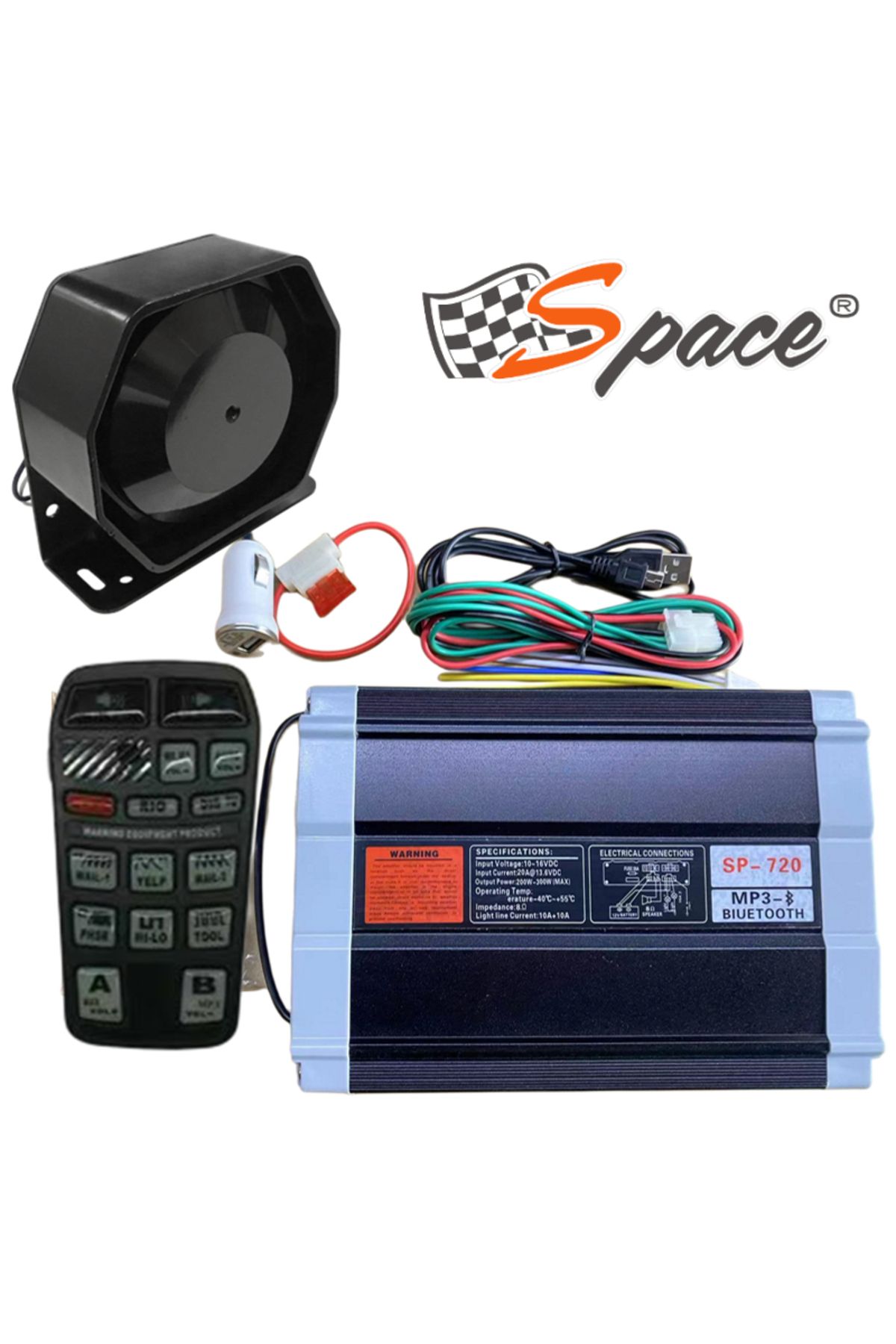 بوق خودرو آژیر حرفه ای 300W بلوتوث و ویژگی MP3 SSSR49 Space