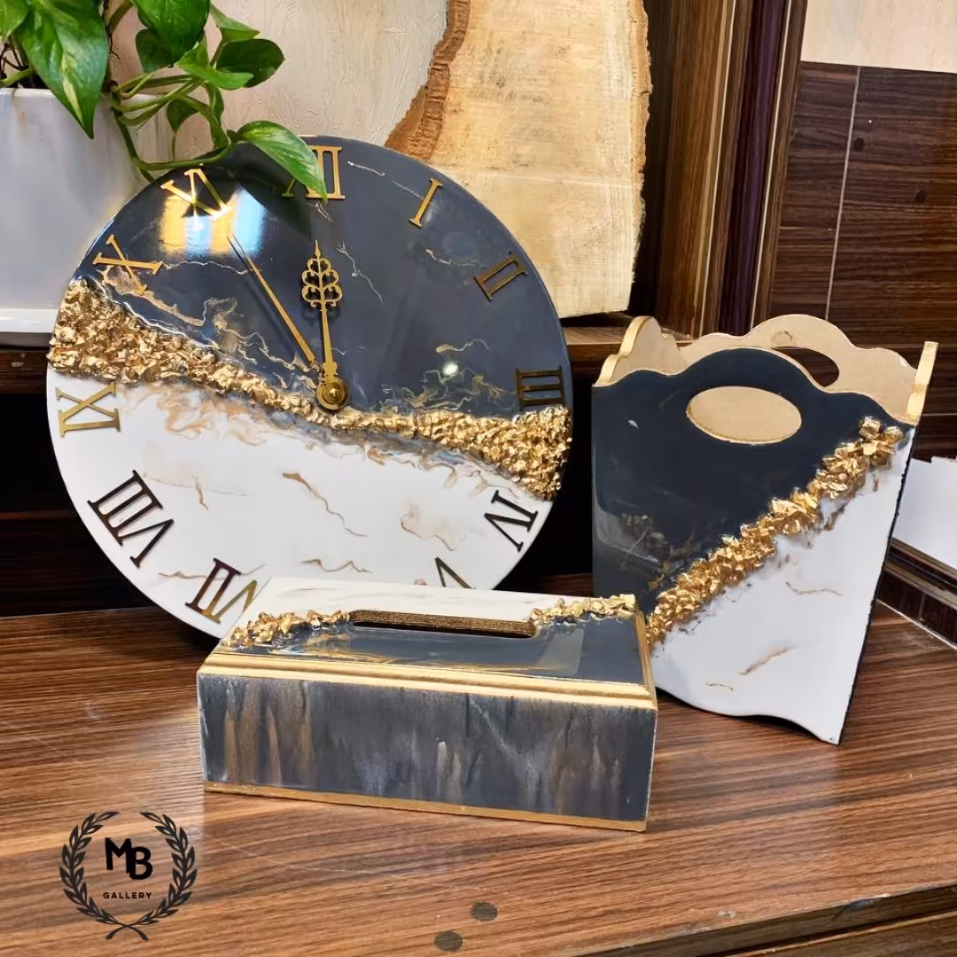 ست سطل و جای دستمال و ساعت دیواری قطر 40  مناسب جهیزیه به رنگ دلخواه