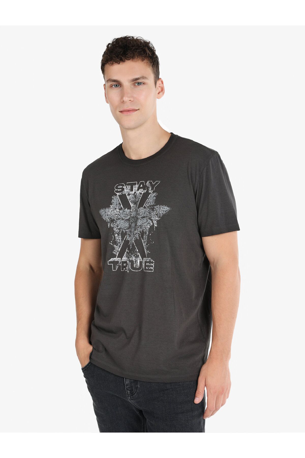 تی شرت خاکستری مردانه یقه دوچرخه طرح دار آنتراسیت بازوی کوتاه t shirt Colin’s