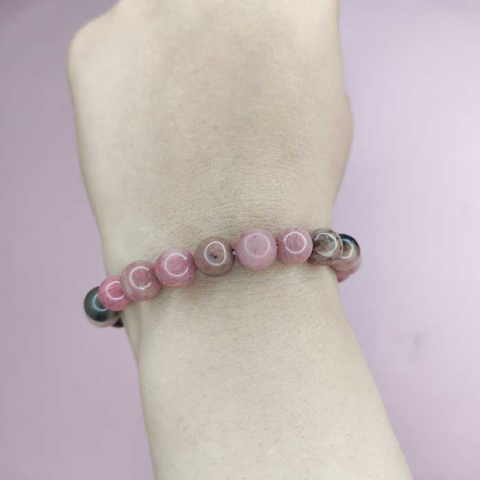 دستبند دخترانه و زنانه سنگ رودونیت صورتی درجه یک و معدنی تراش گرد ساده سایز 8 میل