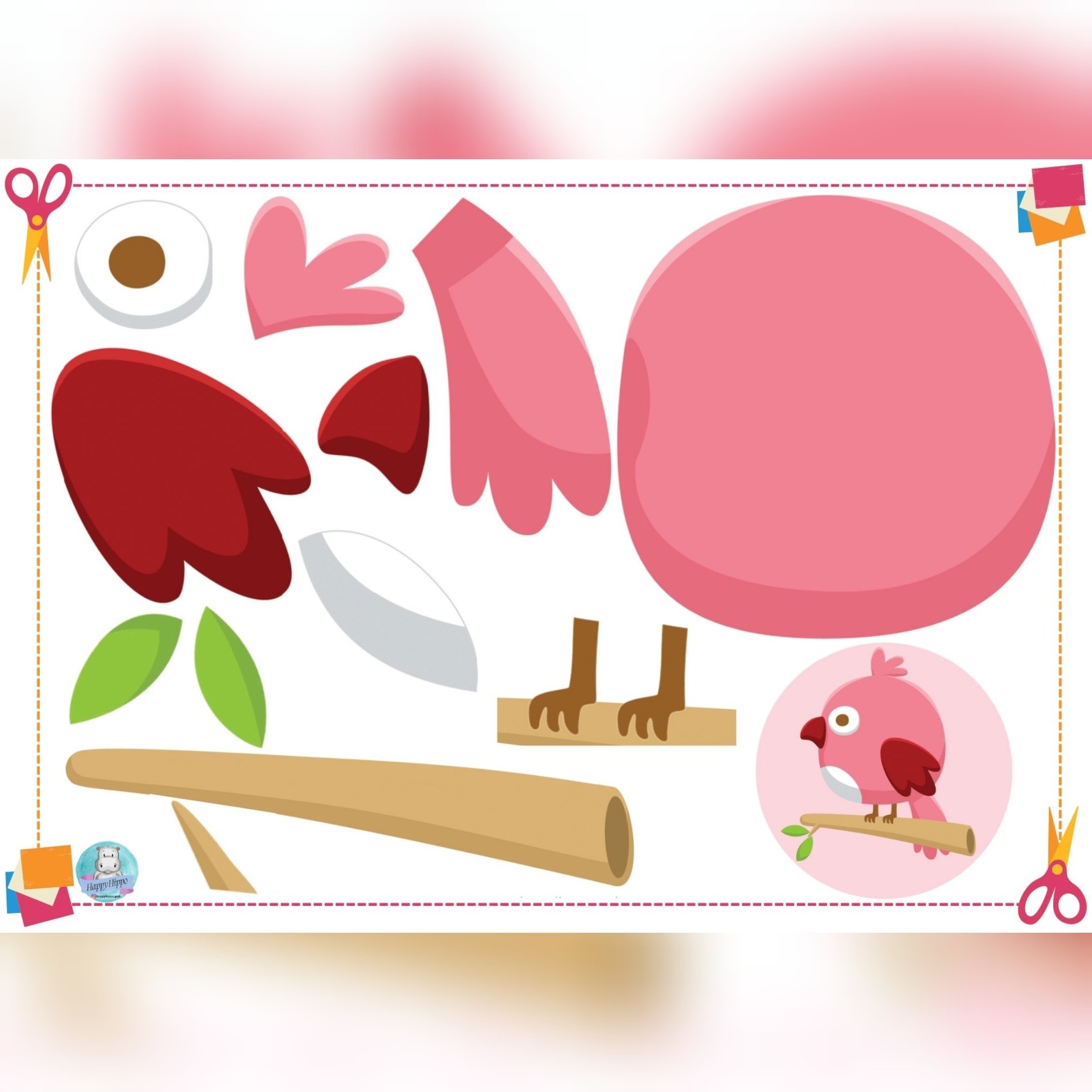 کاردستی بریدنی و چسباندنی طرح پرنده صورتی به همراه بنر برای افزایش مهارت دست ورزی کودک شما