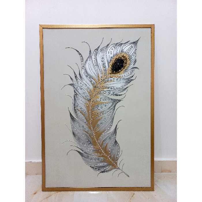 تابلو نقاشی برجسته پر طاووس طلایی نقره ای کار شده با نگین