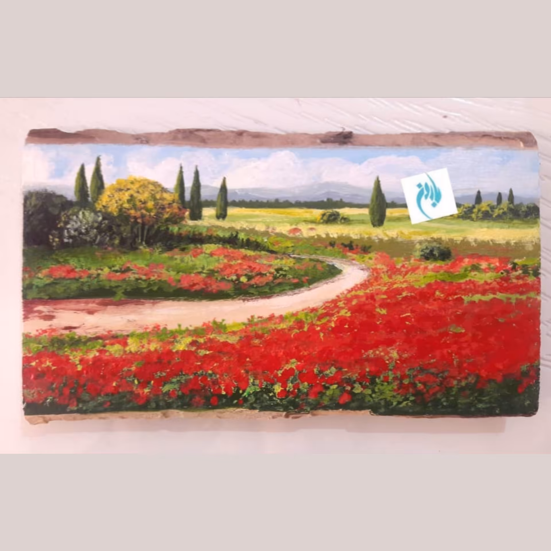 تابلوی نقاشی روی برش اسلوب چوب طبیعی، طرح گلستانه 