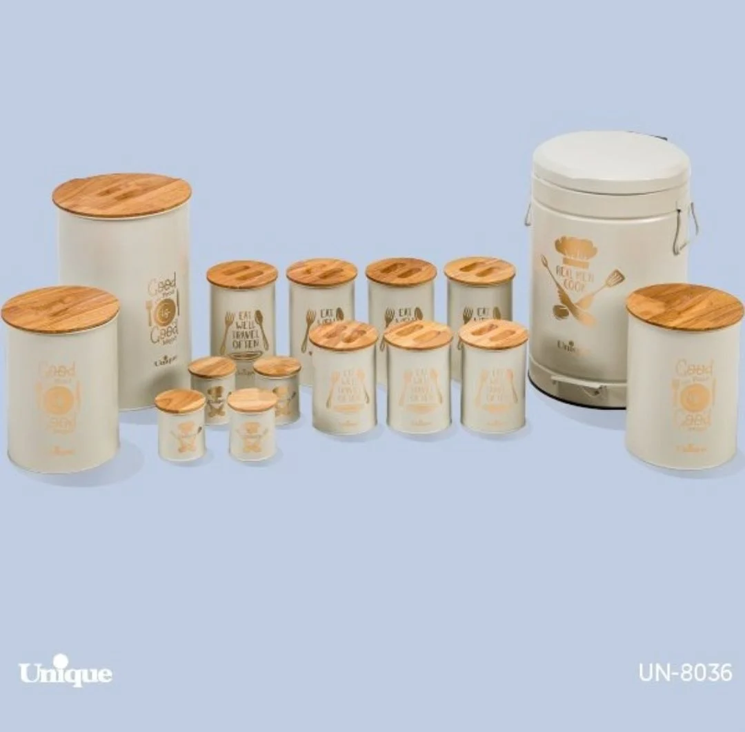 سرویس آشپزخانه 15 پارچه یونیک کرم طلایی درب بامبو un-8036