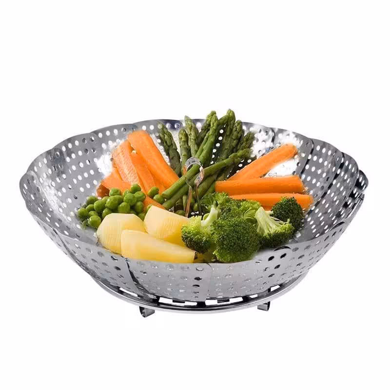 توری بخارپز استیل تاشو (سبد بخارپز) پایه دار و دسته دار