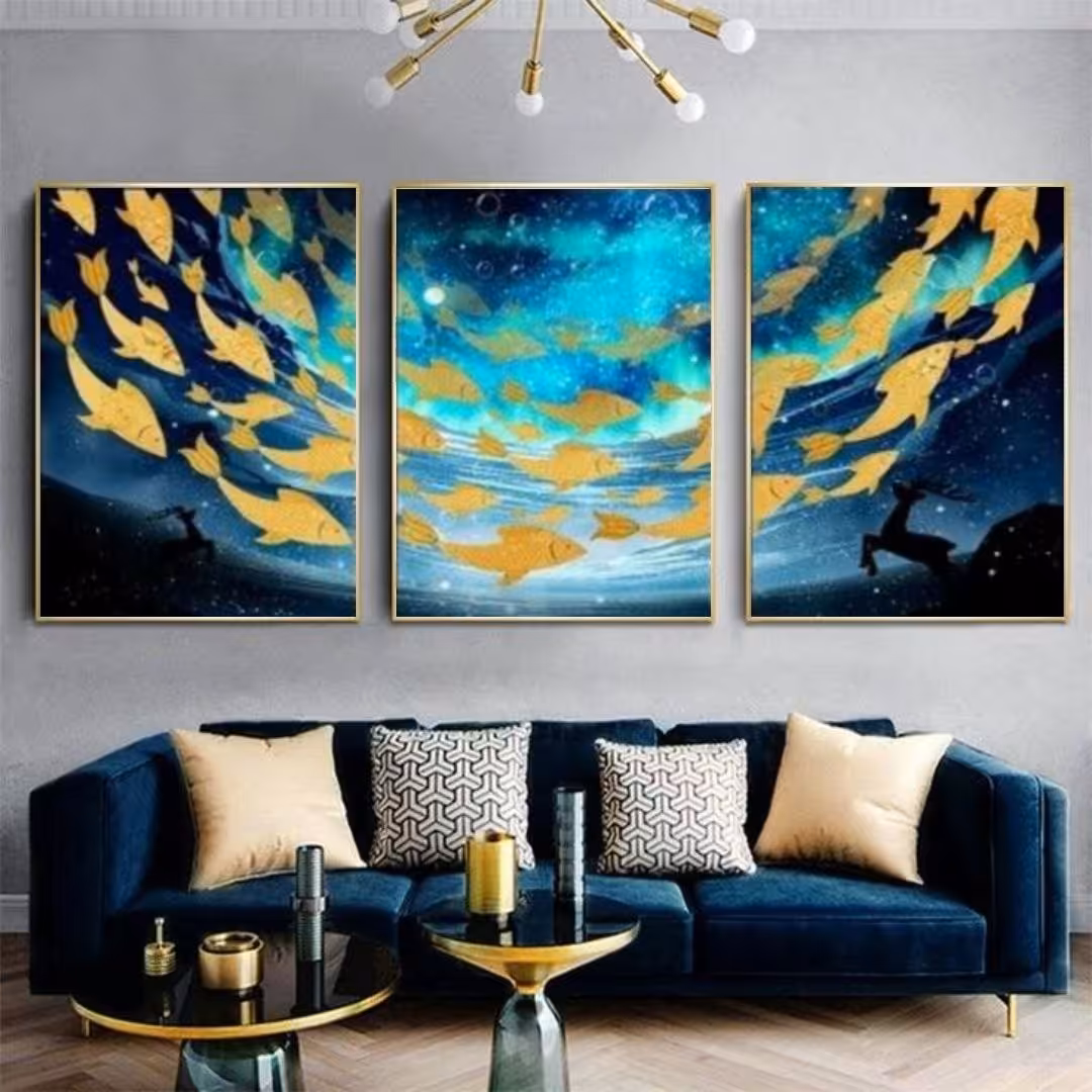 تابلو دکوراتیو فانتزی طرح ماهی های طلایی سه تکه 