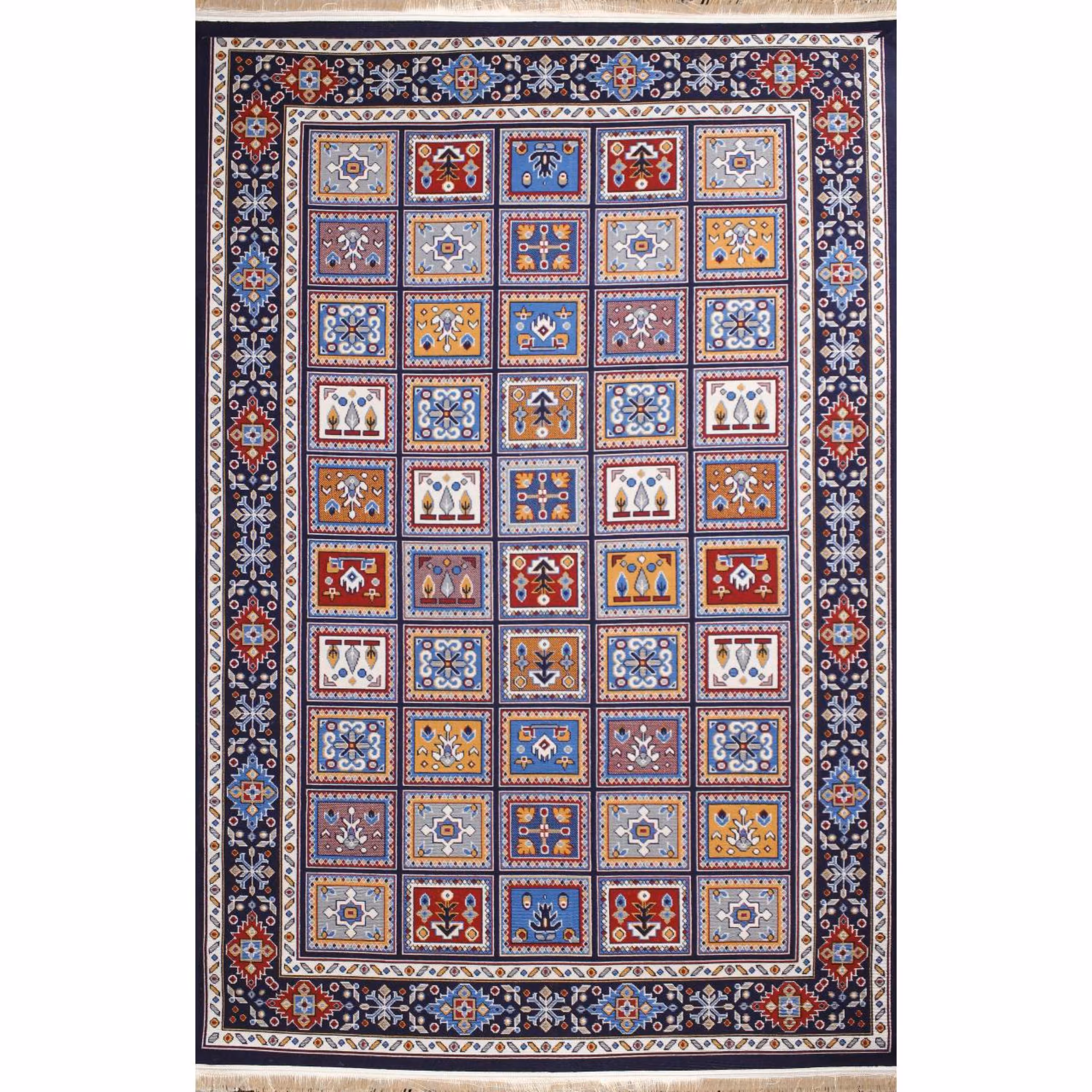 گلیم ماشینی افرند کد 9905 زمینه سرمه ای (شش متری)