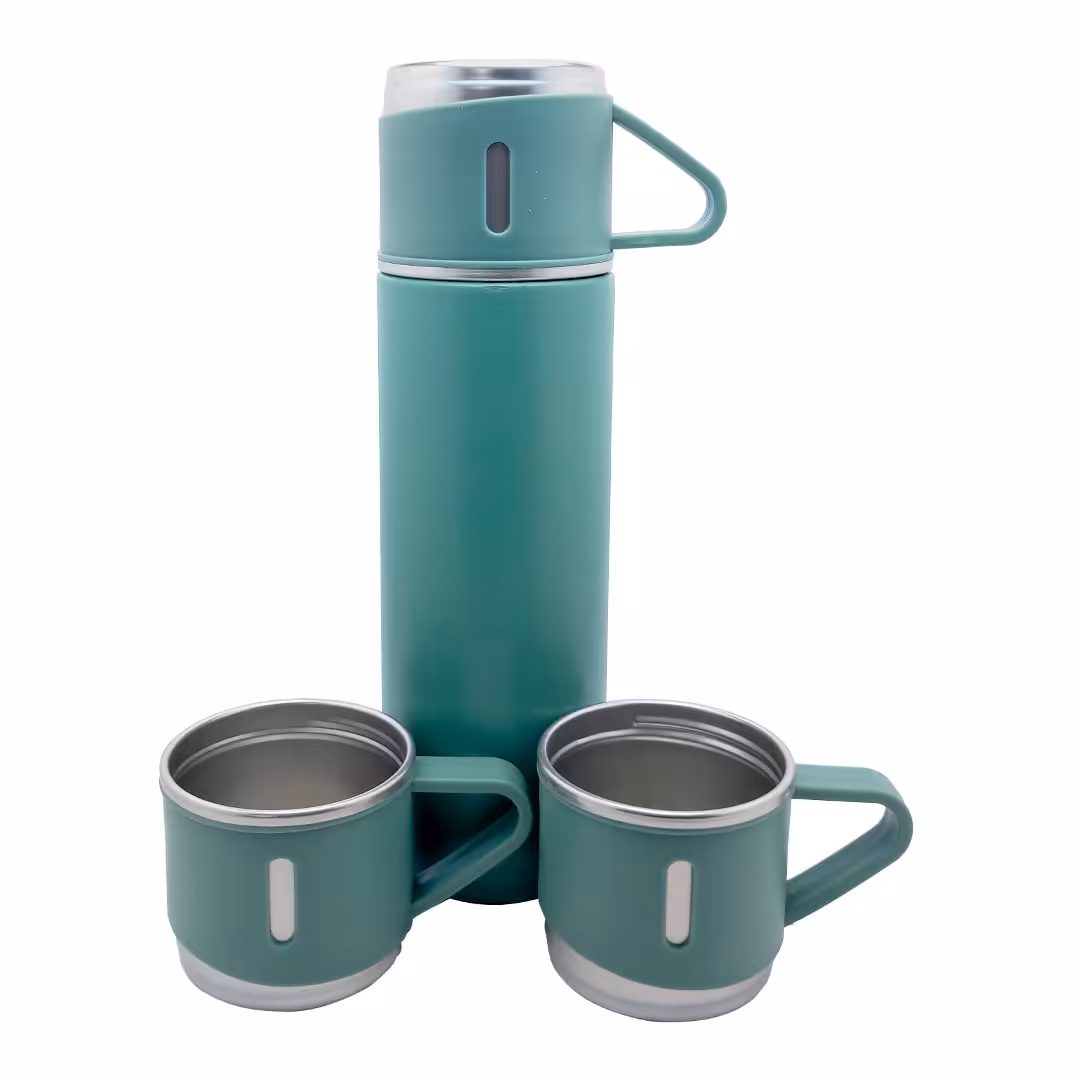 فلاسک مدل 2210 رنگ سبز آبی گنجایش 0.5 لیتر به همراه لیوان سفری بسته 2 عددی