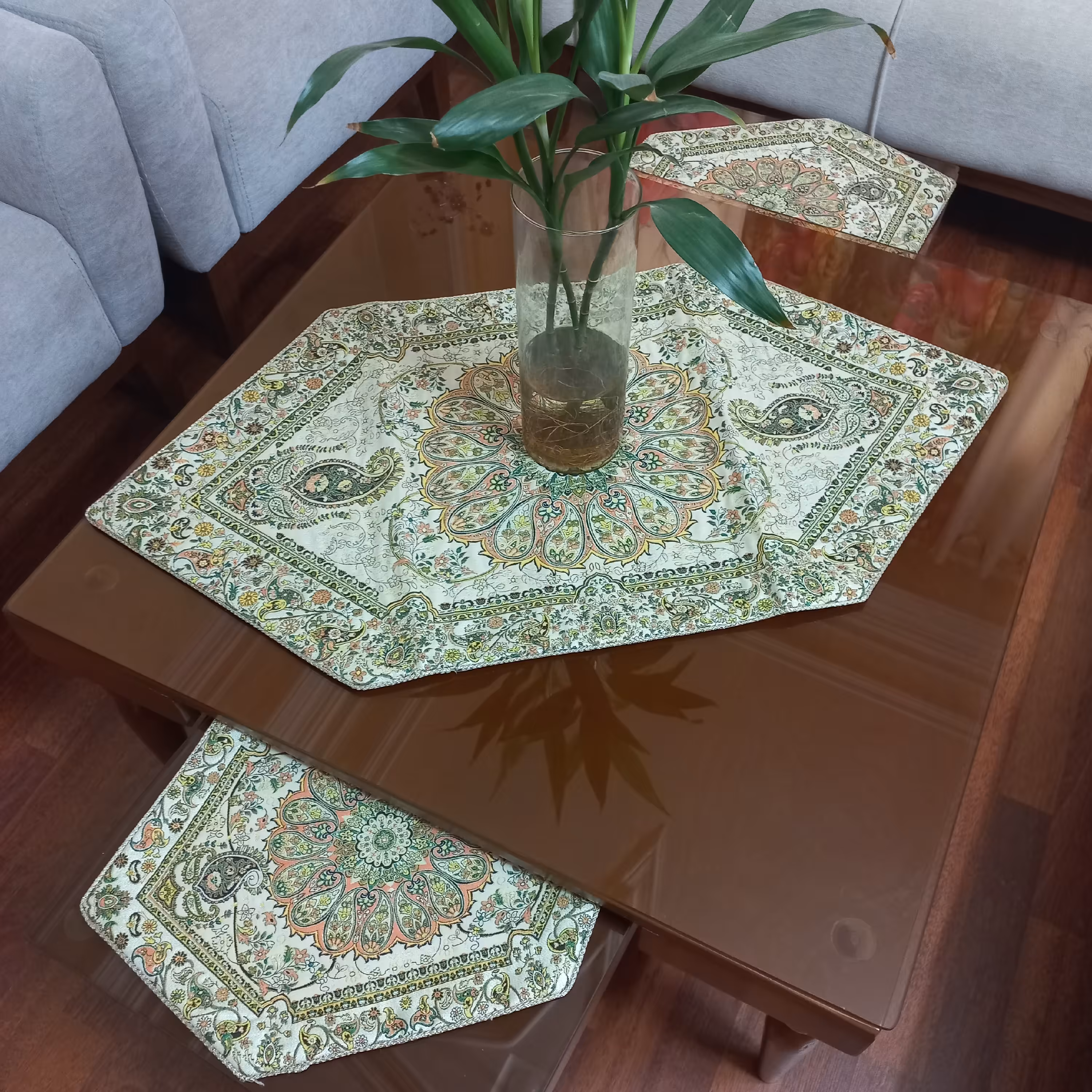 رومیزی ترمه سه تیکه طرح افشار بافت یزد قابل شستشو با رنگ ثابت