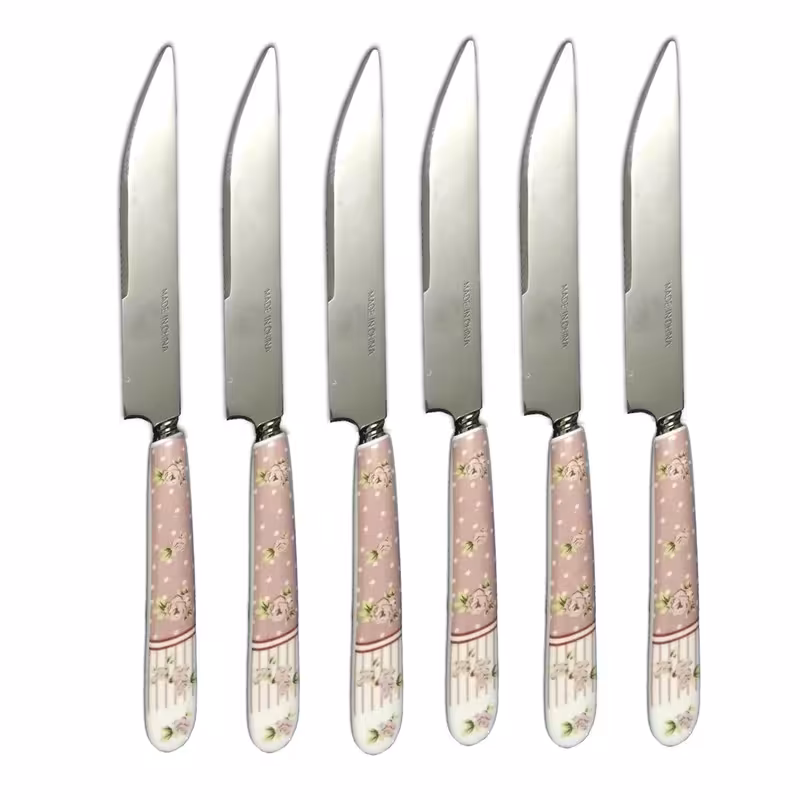 کارد غذاخوری دسته سرامیکی گل صورتی با تیغه فلزی رنگ ثابت و اره ای 