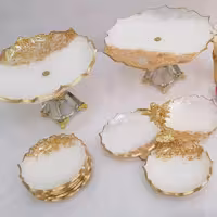 سرویس پذیرایی سفید طلایی 12 نفره  رزینی با پایه کریستال