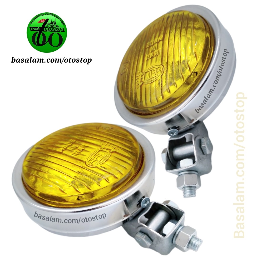 مه شکن سپرجلو خودروهای سواری وانت نیسان وماشین سنگین مدل مینی بوش بدنه فلزی شیشه زرد قطر 9 سانت با لامپ هالوژنی قیمت جفت