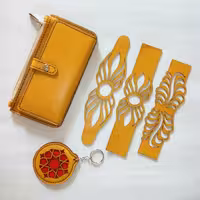 ست کیف پول دو لت چرمی خردلی با جاکلید و دستبند