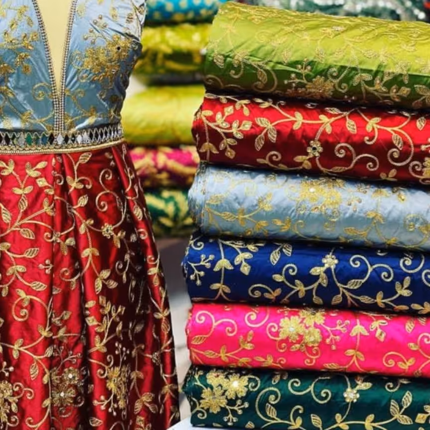 پارچه مجلسی  ساتن گلابتون دوزی هندی .نگین و آیینه  . طرح  گندمی هم نگین و ملیله کار شده. مناسب کت  و پیراهن مجلسی و غیره