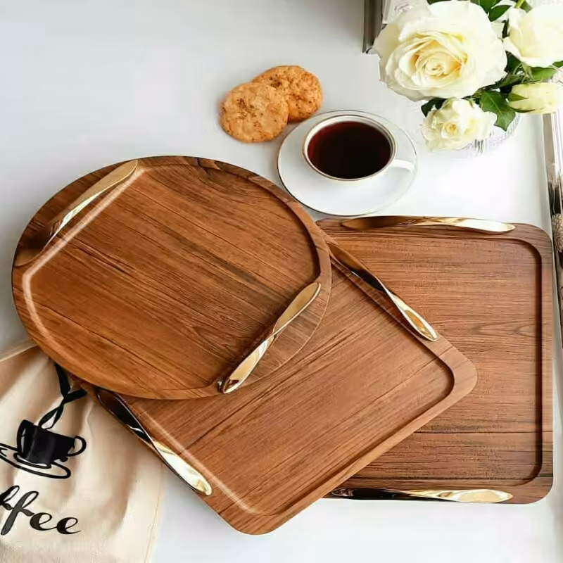 سینی چوبی روکش دار قابل شستشو دسته طلایی مربع ومستطیل