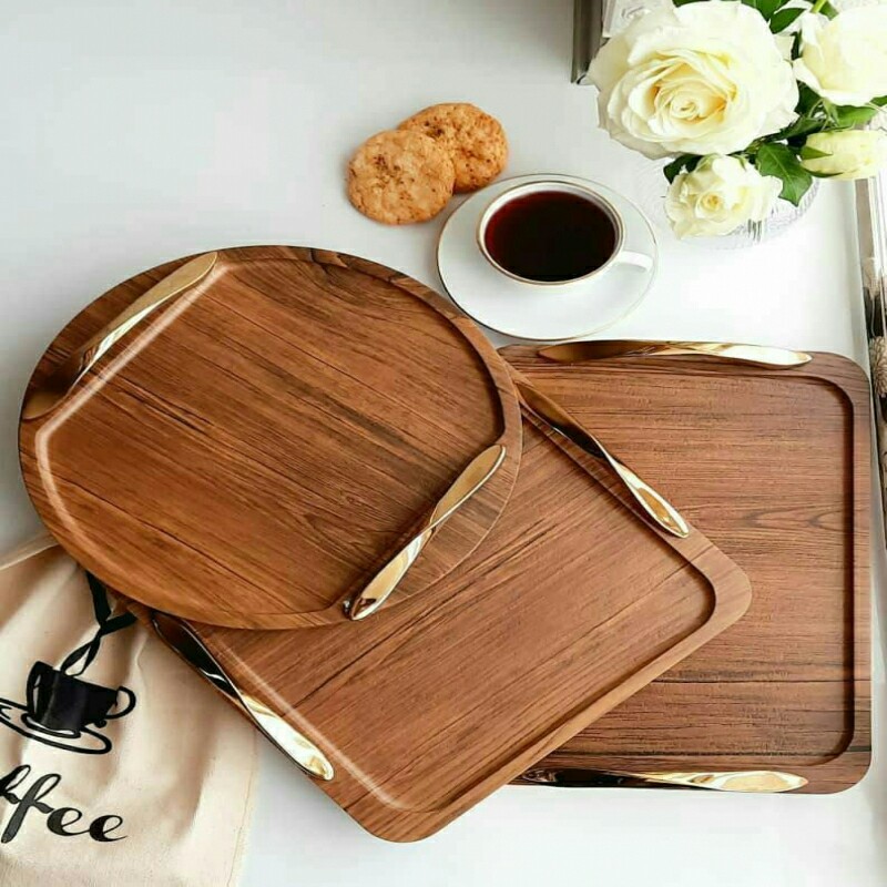 سینی چوبی روکش دار قابل شستشو دسته طلایی مربع ومستطیل