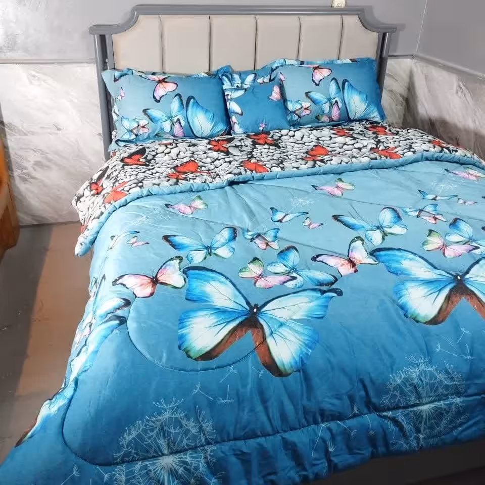 روتختی دونفره کتان پلی استر دو رو پروانه ای  رنگ آبی کد 372