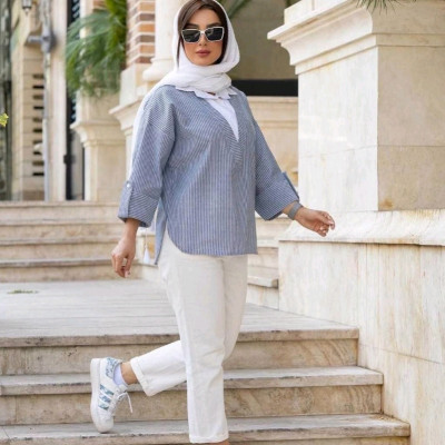 مانتو اسپرت زنانه لنین راه راه مدل یقه سفید