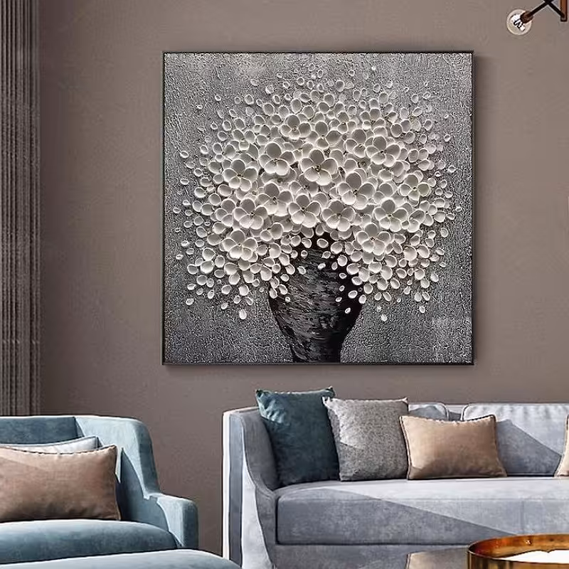 تابلو نقاشی شکوفه برجسته سفید در ابعاد 90در  90 تماما کار دست