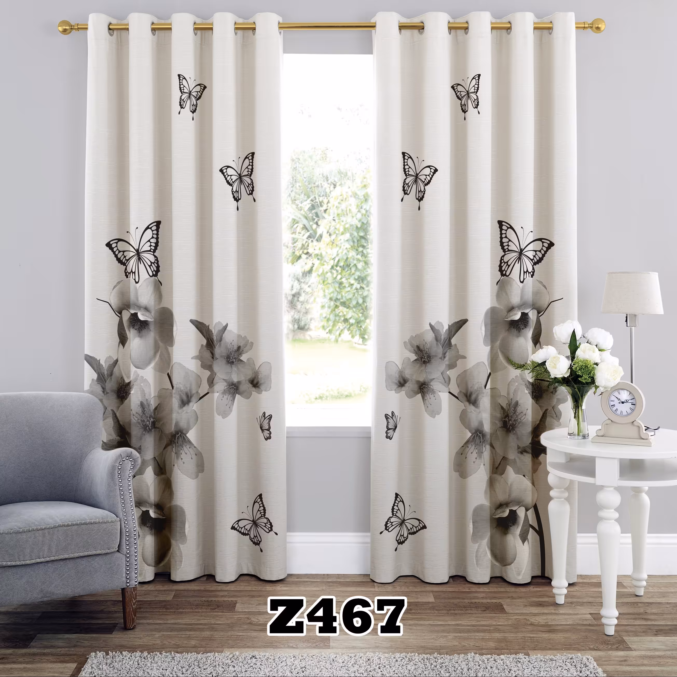 پرده چاپی طرح پروانه کد Z467 تک قواره ارتفاع 300 عرض 140 سانت