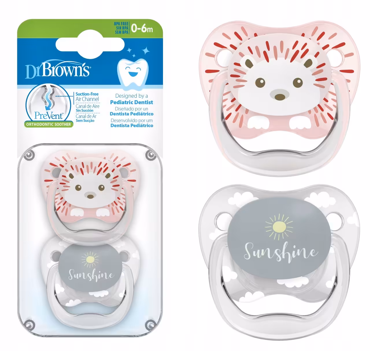 پستانک ارتدنسی دکتر براونز 2 عددی dr.browns سایز 0 تا 6 ماه بادرپوش جوجه تیغی