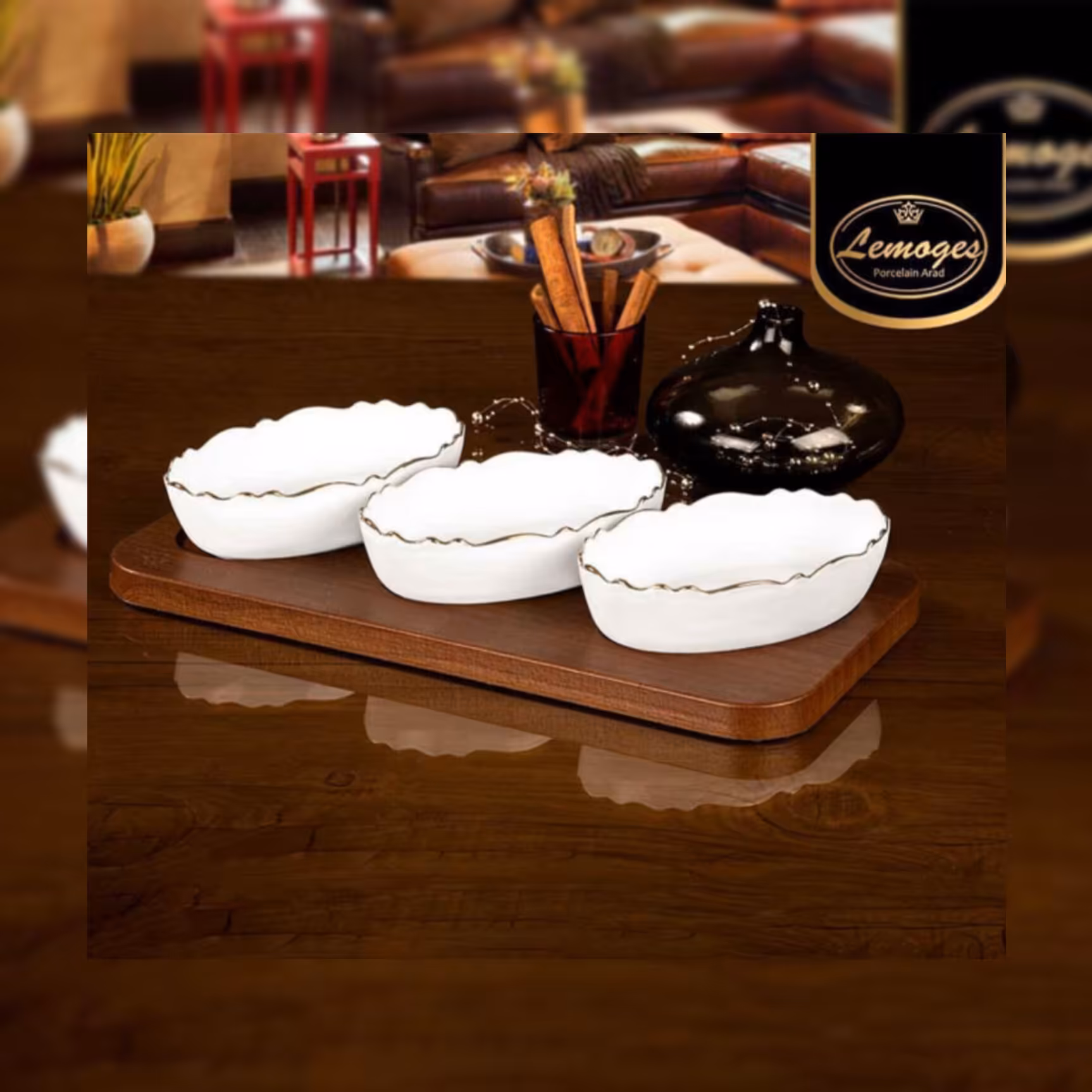 سرویس اردو خوری مدل بیضی طرح موج سه خانه یک خط طلا 