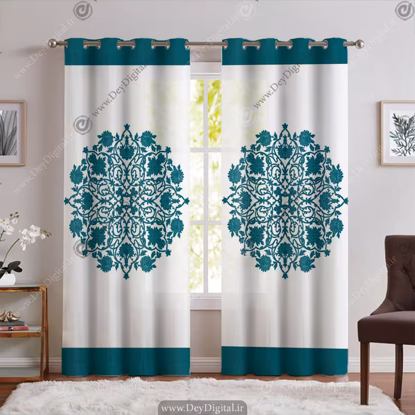 پرده پانچی طرح کلاسیک رنگ سبز آبی SA-3912
