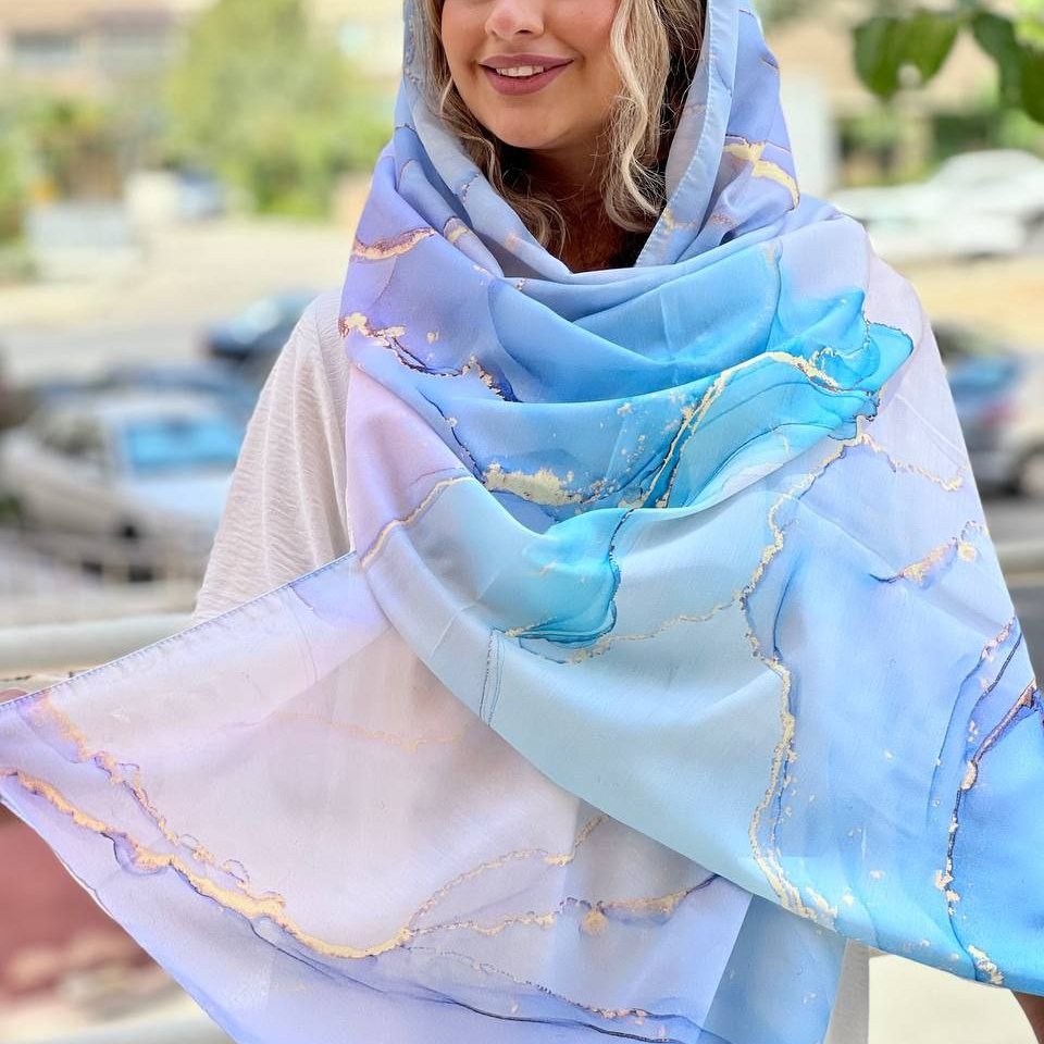 شال زنانه نخی زیبا طرح مرمر رنگ آبی شیک ارسال رایگان r398