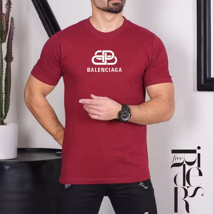 تیشرت مردانه بالنسیاگا رنگ جگری جنس پنبه کش یقه و آستین کش سایز لارج تا 3ایکس 
