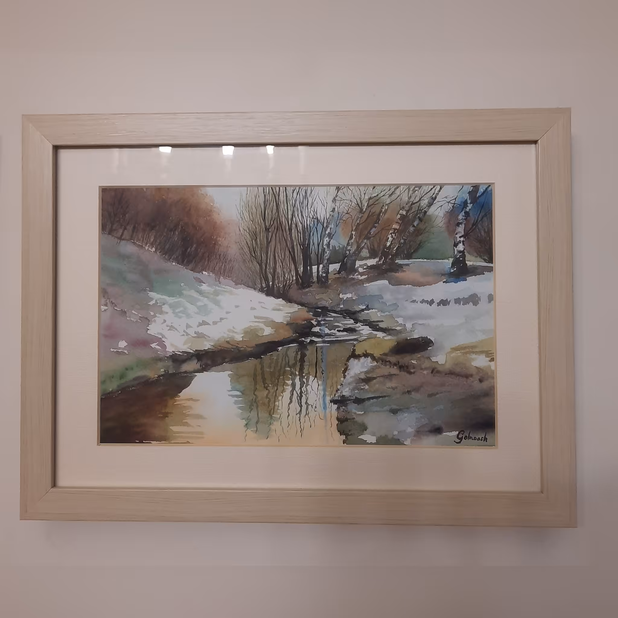 تابلوی نقاشی آبرنگ رودخانه برفی در زمستان با پاسپارتو و قاب pvc