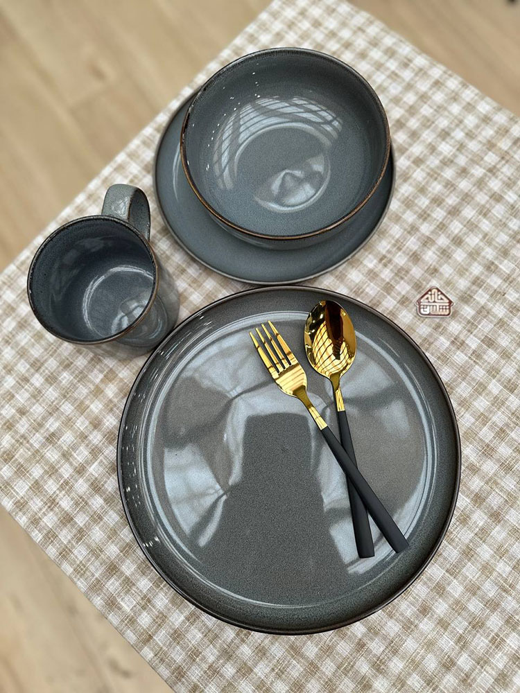 ست ظروف روستیک طوسی لبه قهوه ای کد001602