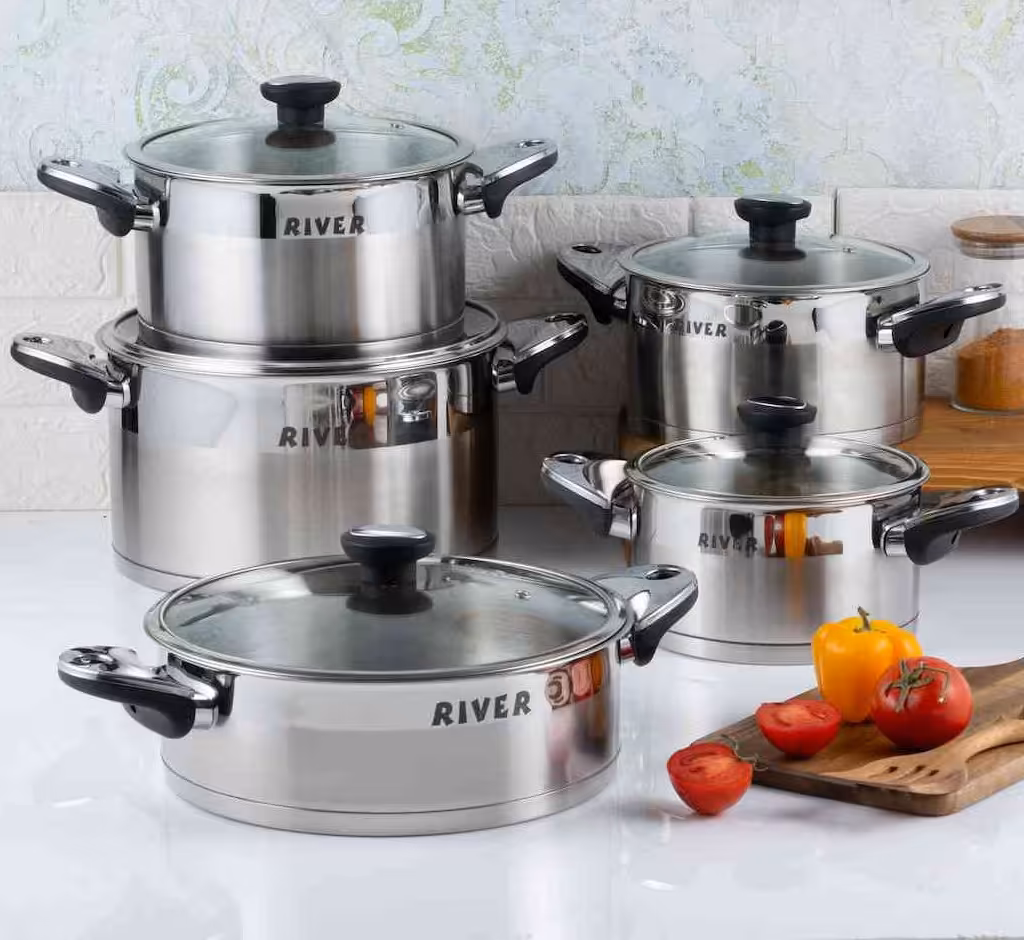 سرویس قابلمه 10 پارچه استیل ریور دسته و قپه باکالیت - استیل