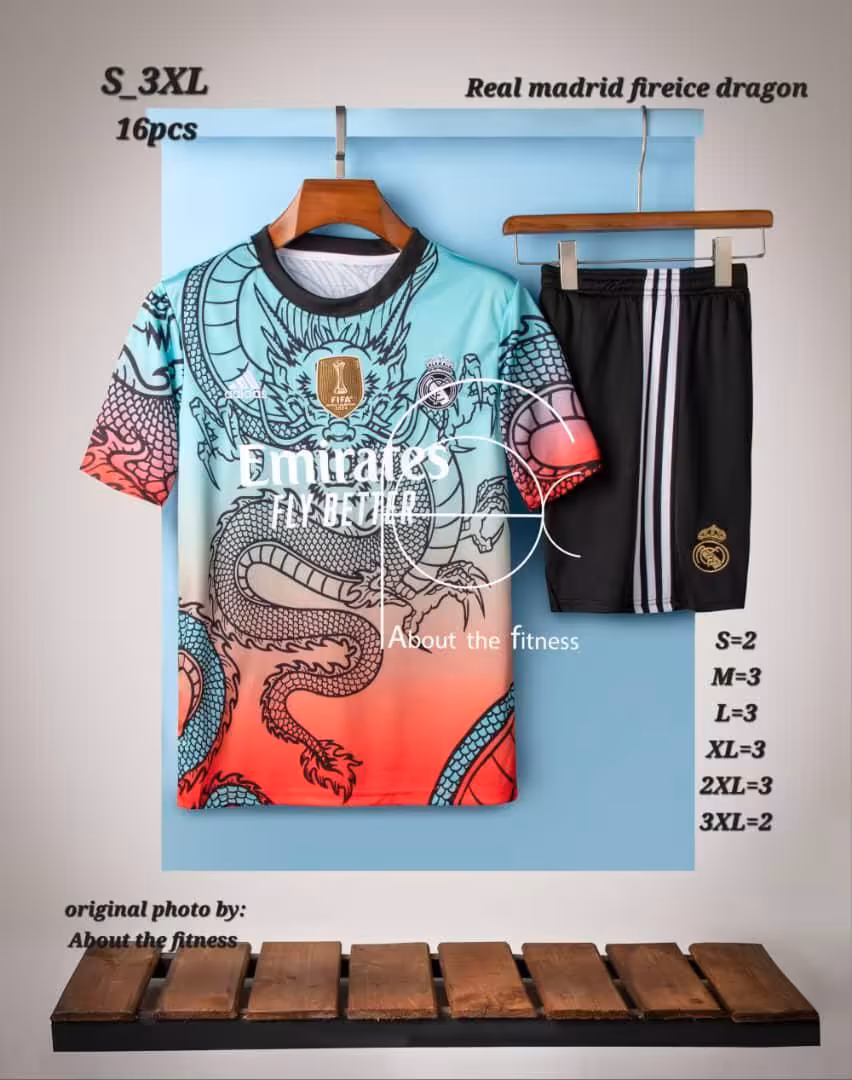 کیت رئال مادرید کانسپت دراگون فیروزه ای قرمز (پیراهن شورت) ورژن هواداری