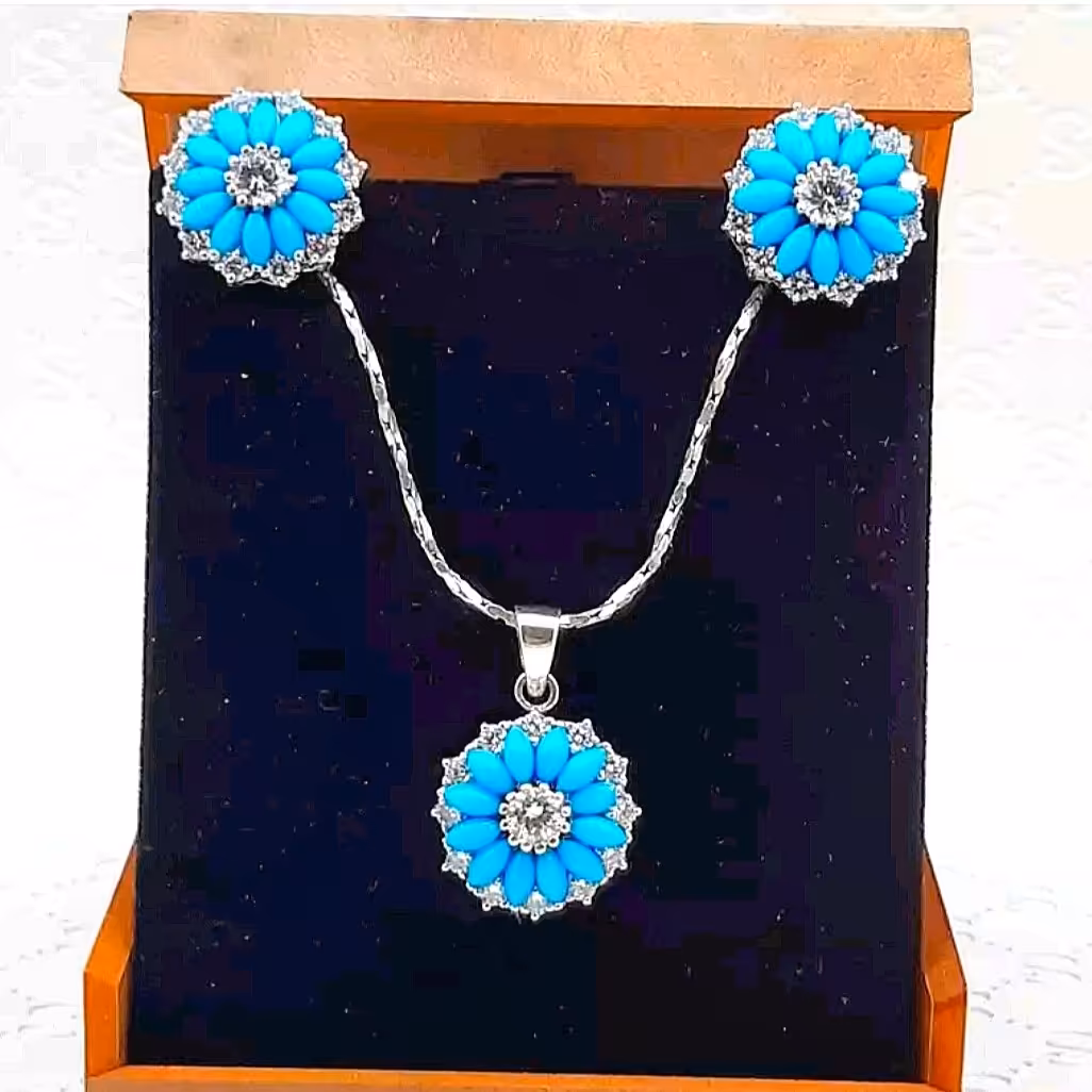 نیم ست نقره  زنانه تایلندی فیروزه با آبکاری طلا سفید 