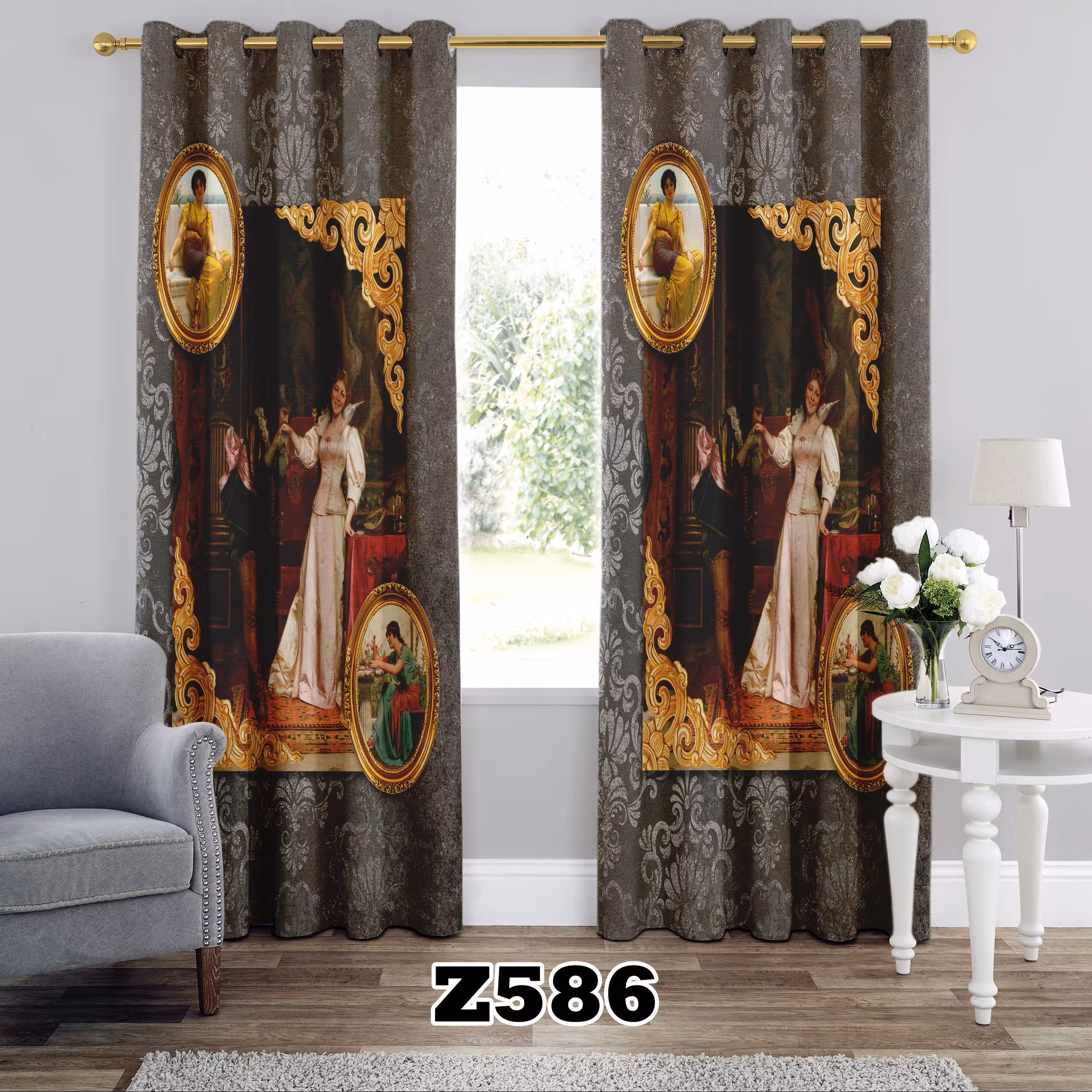 پرده چاپی طرح رومی کد Z586 تک قواره ارتفاع 300 عرض 140 سانت