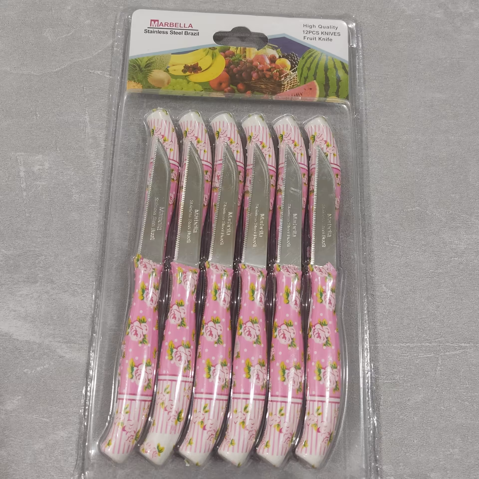 کارد میوه خوری 12 عددی اره ای مارک ماربلا (Marbella)  گل صورتی جنس BStainless  Steel Brazil (چاقو ) تیغه ثابت طول16 سانت