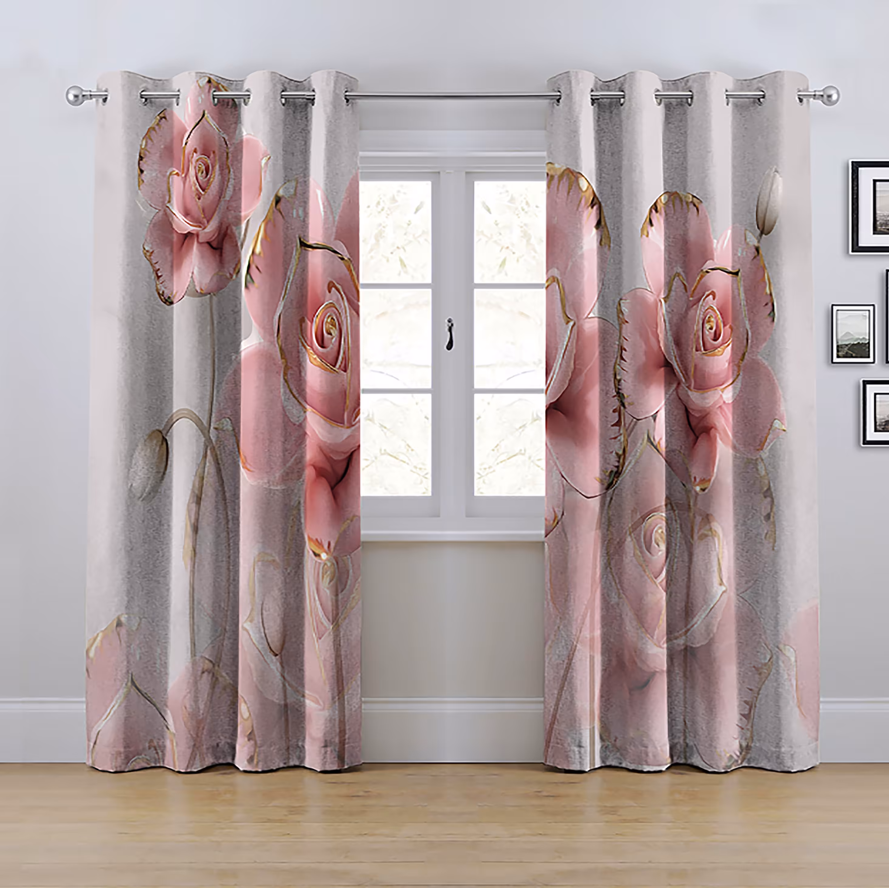 پرده پانچی مدل گل رز صورتی  طلایی ابعاد ارتفاع280در عرض145