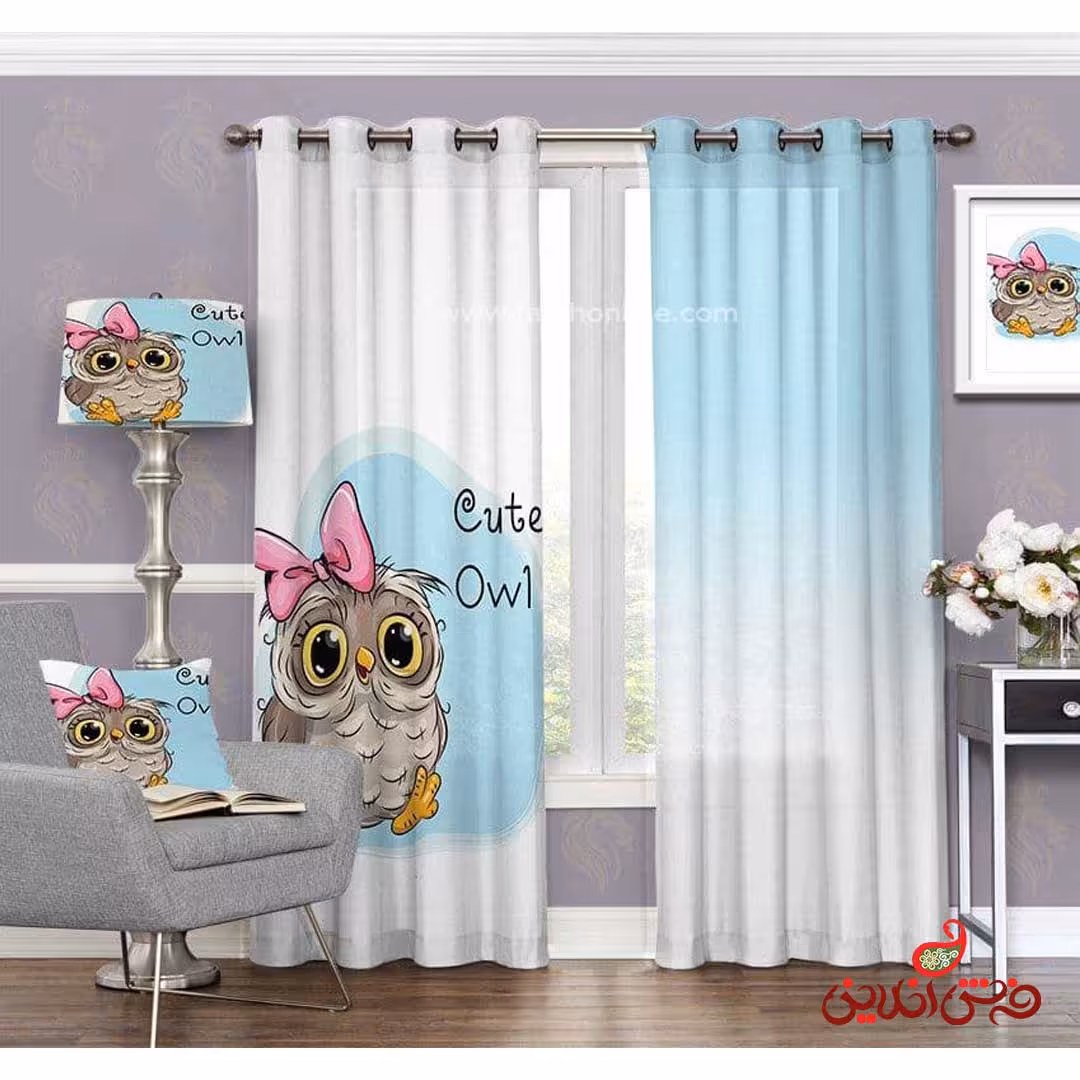 پرده 2عددی کودک طرح جغد آبی کد 3193