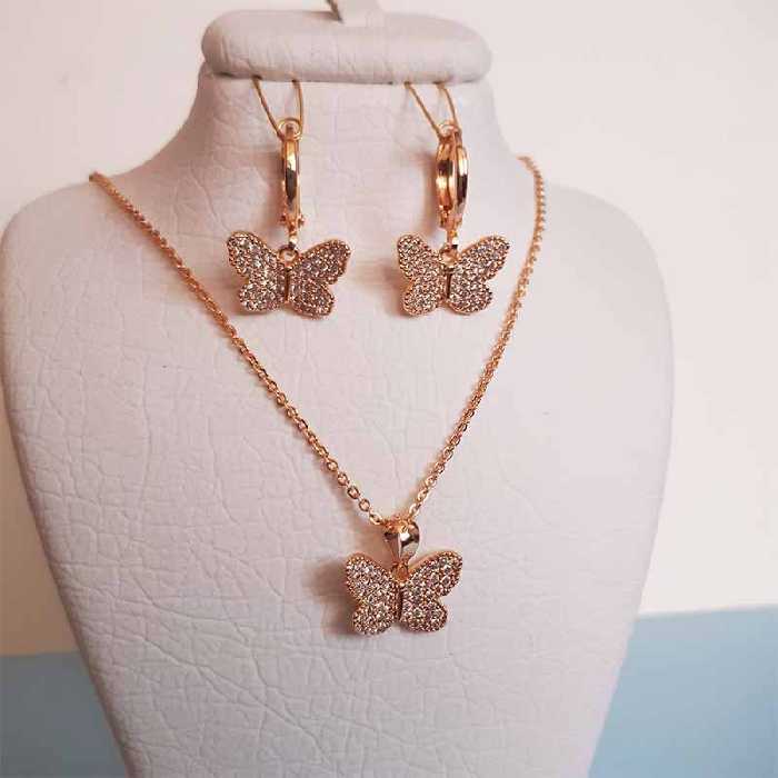 نیم ست زنانه  گردنبند و گوشواره پروانه نگین دار رنگ ثابت  