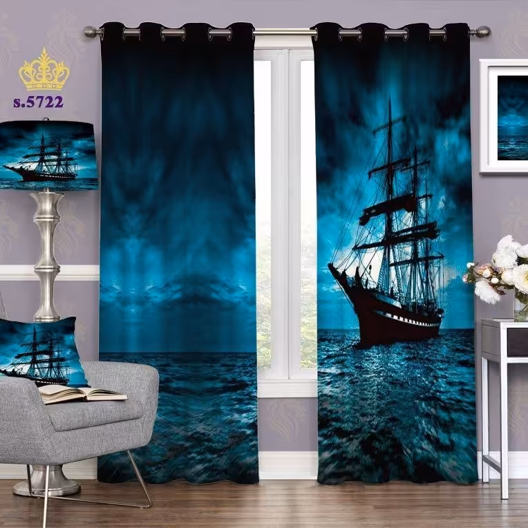 پرده پذیرایی دو قواره پانچ منظره طرح کِشتی کد S5722