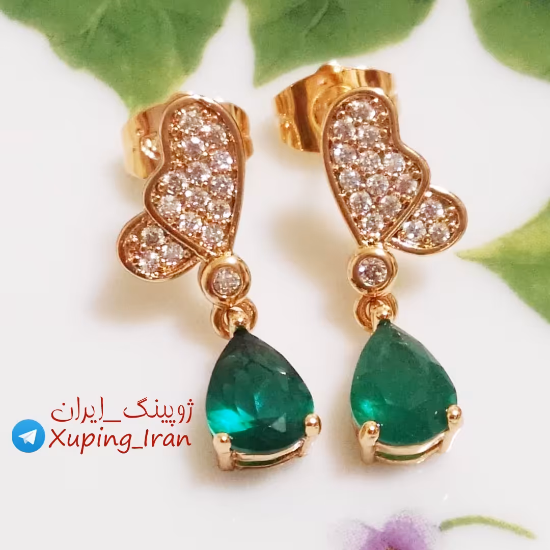 گوشواره ژوپینگ Xuping نگین سبز  زمردی طرح بال پروانه هدیه کادو