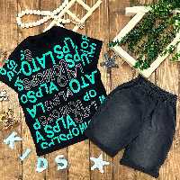 ست تیشرت شلوارک جین اسپورت کیفیت تضمینی جنس تیشرت پنبه لاکرادار جنس شلوارک طرح جین در دو رنگ جذاب و شیک 