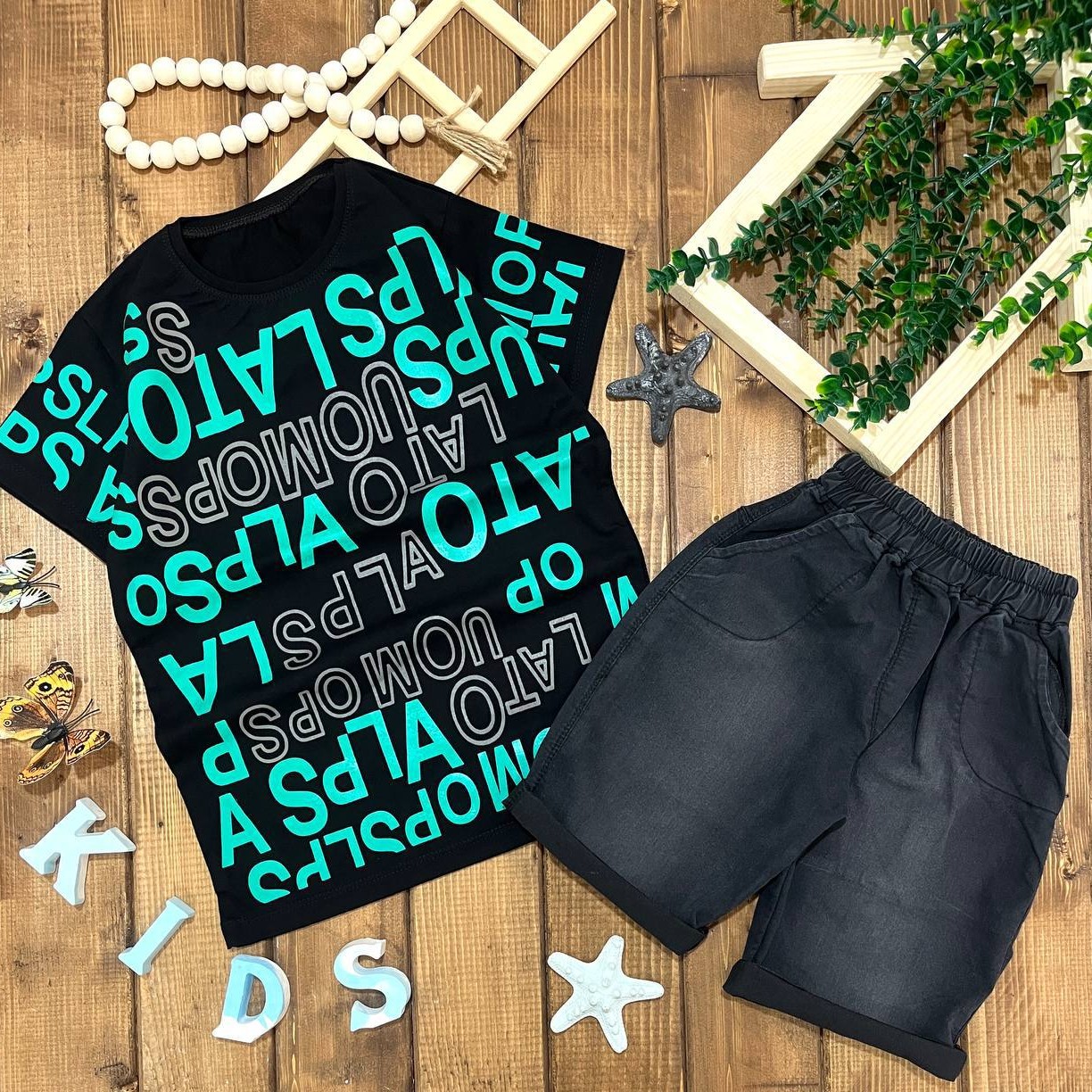 ست تیشرت شلوارک جین اسپورت کیفیت تضمینی جنس تیشرت پنبه لاکرادار جنس شلوارک طرح جین در دو رنگ جذاب و شیک