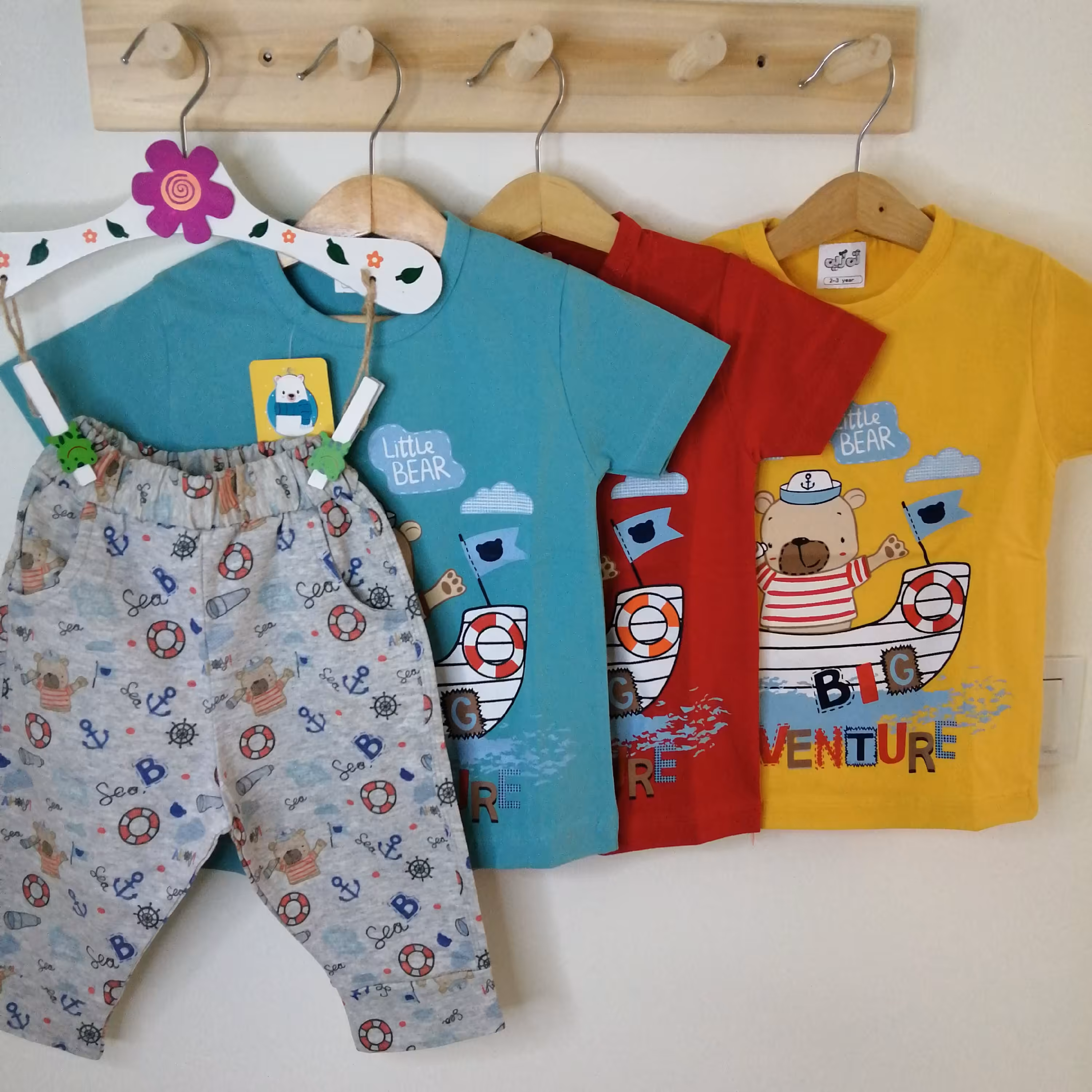 ست تیشرت شلوار پسرانه طرح خرس ملوان در سه رنگ و سه سایز