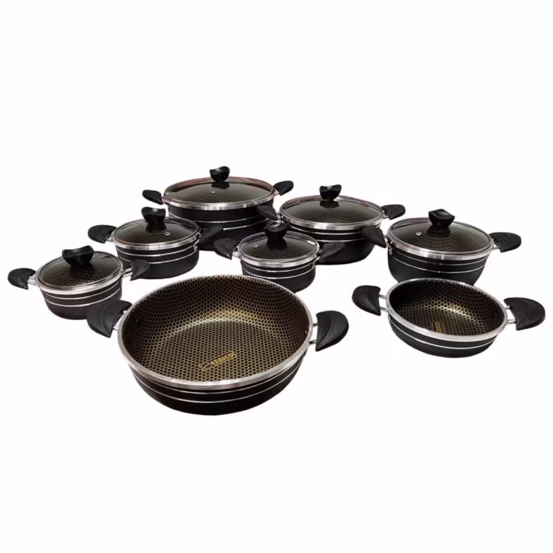 سرویس قابلمه 14 پارچه اسبیکو  کف زنبوری رنگ مشکی همراه با ضمانت نامه ( داخل جعبه) 