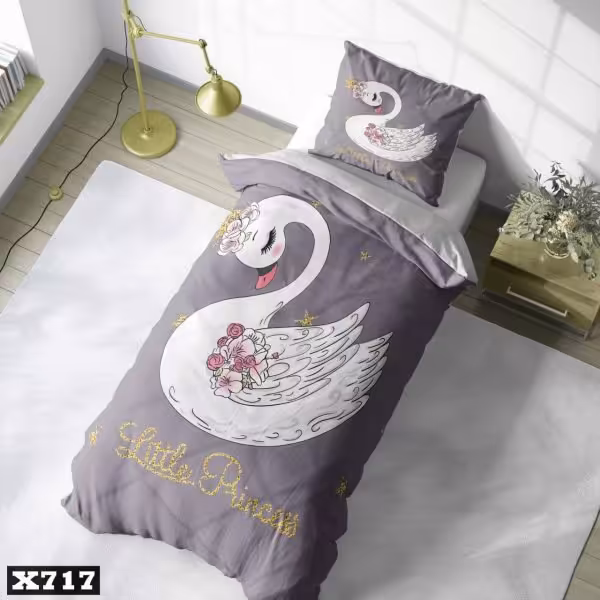 سرویس روتختی یک نفره میکروتترون سه بعدی طرح قو با زمینه طوسی مناسب کودک و نوجوان